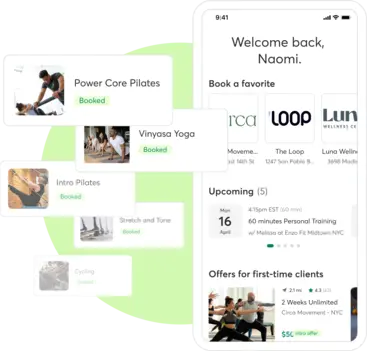 A collage showing the Mindbody Marketplace for Pilates businesses