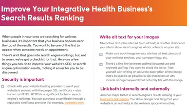 Top part of checklist covering how to improve search rankings results for integrative health businesses