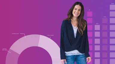 Photo of a woman in front of a purple background with charts