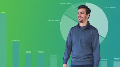 Man in front of green background with integrative health graphs