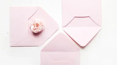 pink envelopes with pink flower on white background