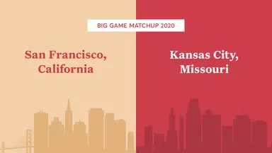 San Francisco and Kansas City skylines in red and gold