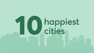 10 happiest cities text over a green skyline