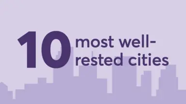 Top 10 most well-rested cities in front of purple city skyline