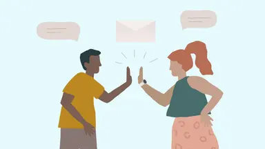 Drawing of two people giving a high five below email and text icons