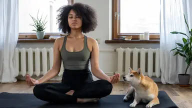 Woman practicing yoga at home with a dog by her side