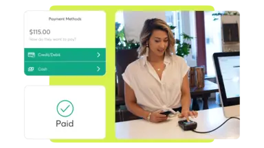 A collage showing payments feature in Mindbody business software