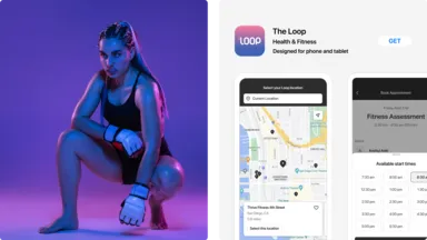 A collage showing a branded mobile app in an app store