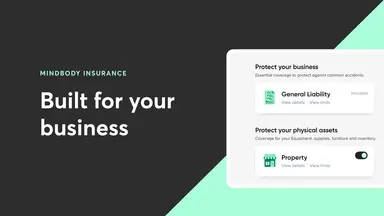 text-based graphic saying "Mindbody Insurance, Built for Your Business" with an image of the interface to get a custom quote 
