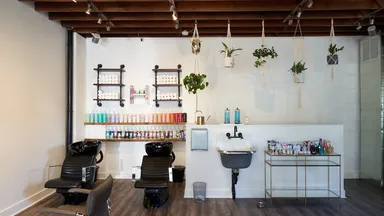 The interior of a hair salon.