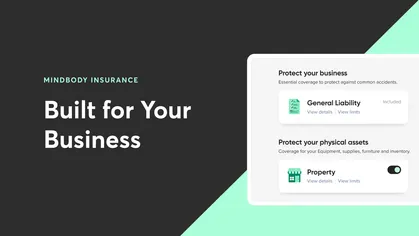 text-based graphic saying "Mindbody Insurance, Built for Your Business" with an image of the interface to get a custom quote 