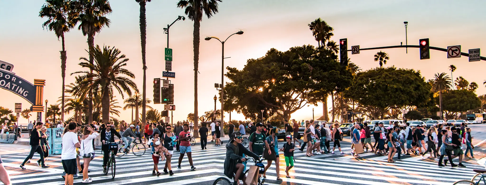 crosswalk in los angeles with palm trees and people