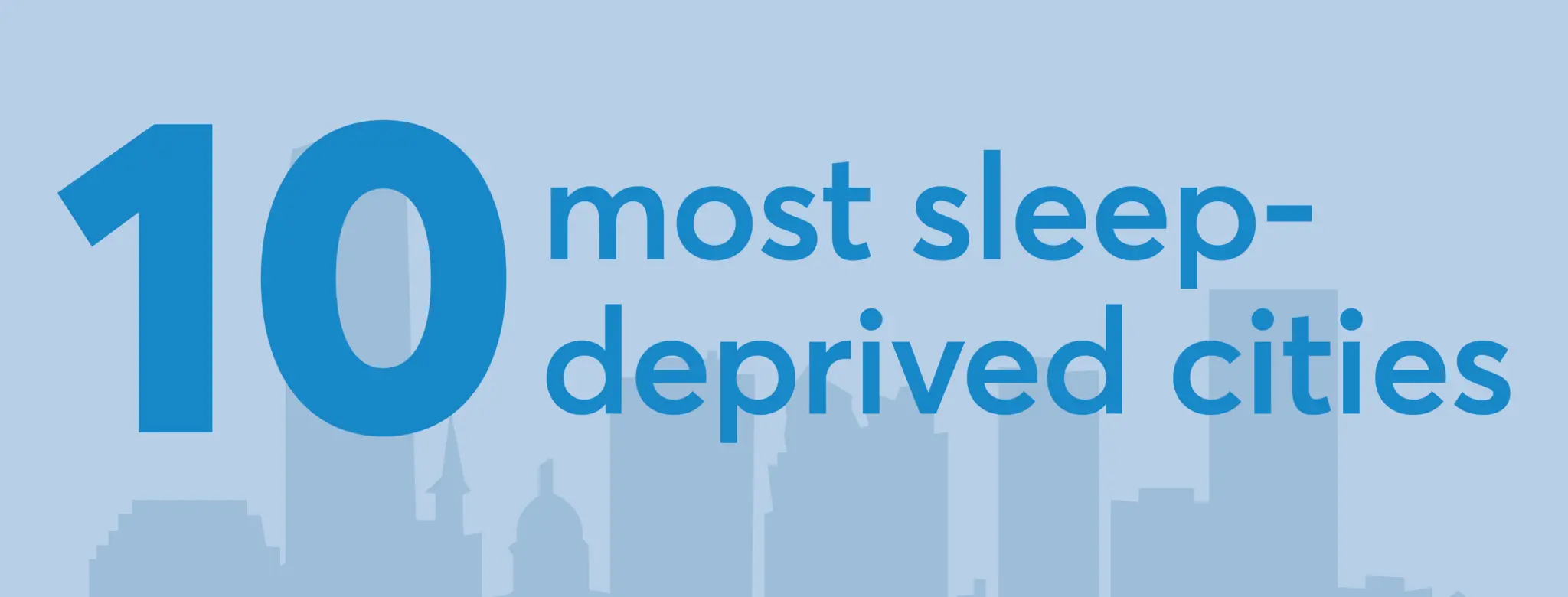 Top 10 most sleep-deprived cities title in front of a blue city skyline