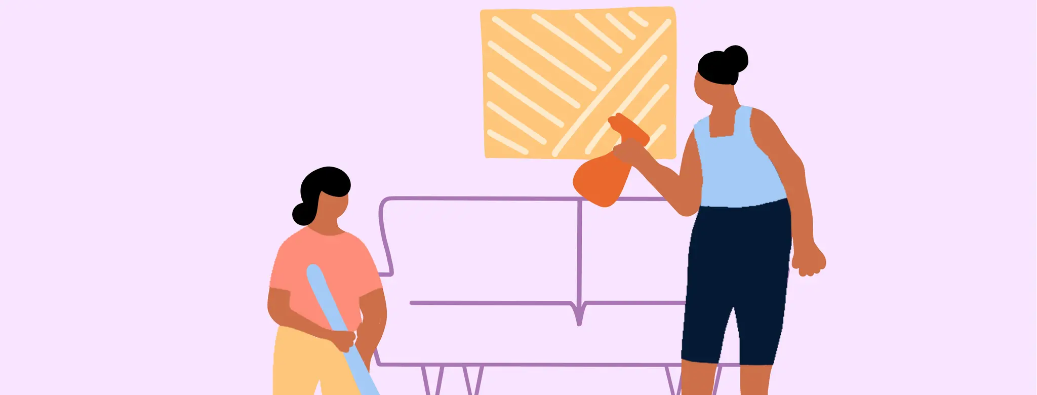 Drawing of two people cleaning a waiting area with a sofa and painting