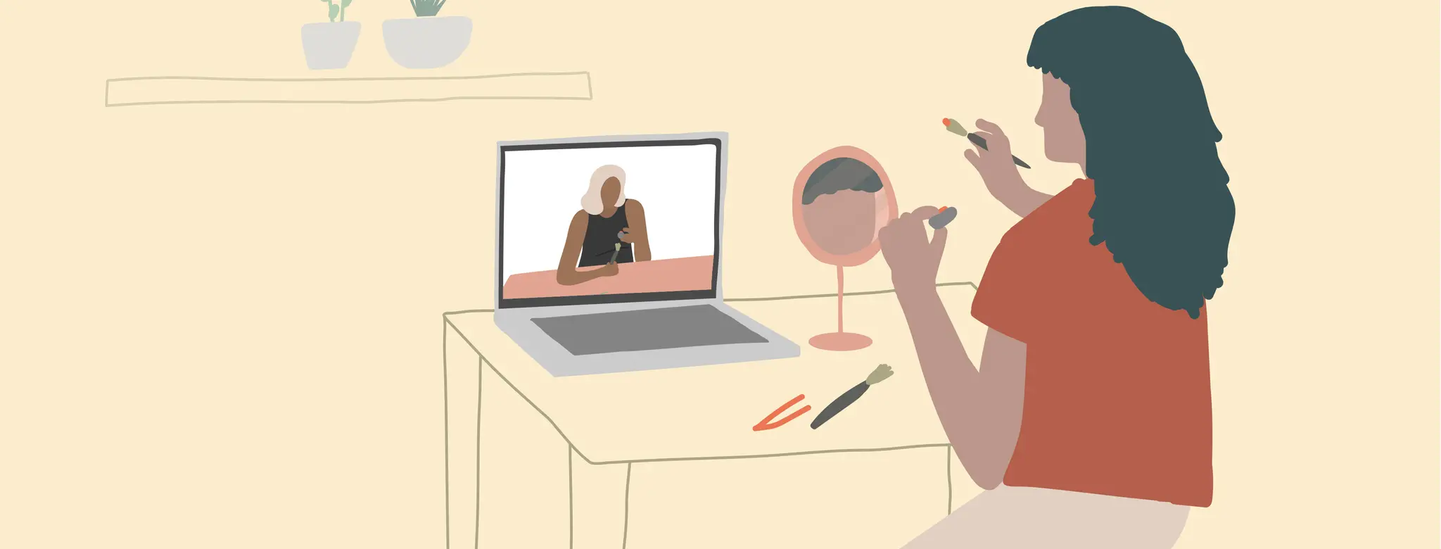 Drawing of a woman at a vanity doing a virtual makeup tutorial