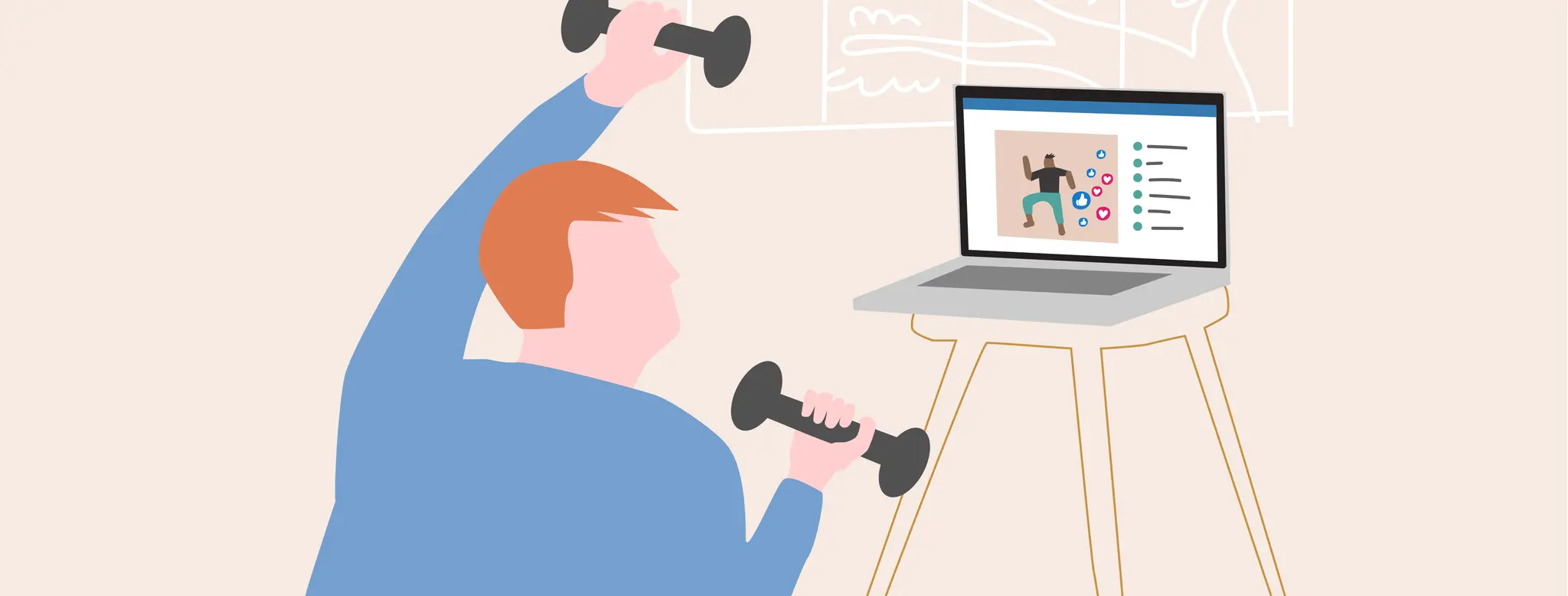 Drawing of a man working out with weights during a live stream