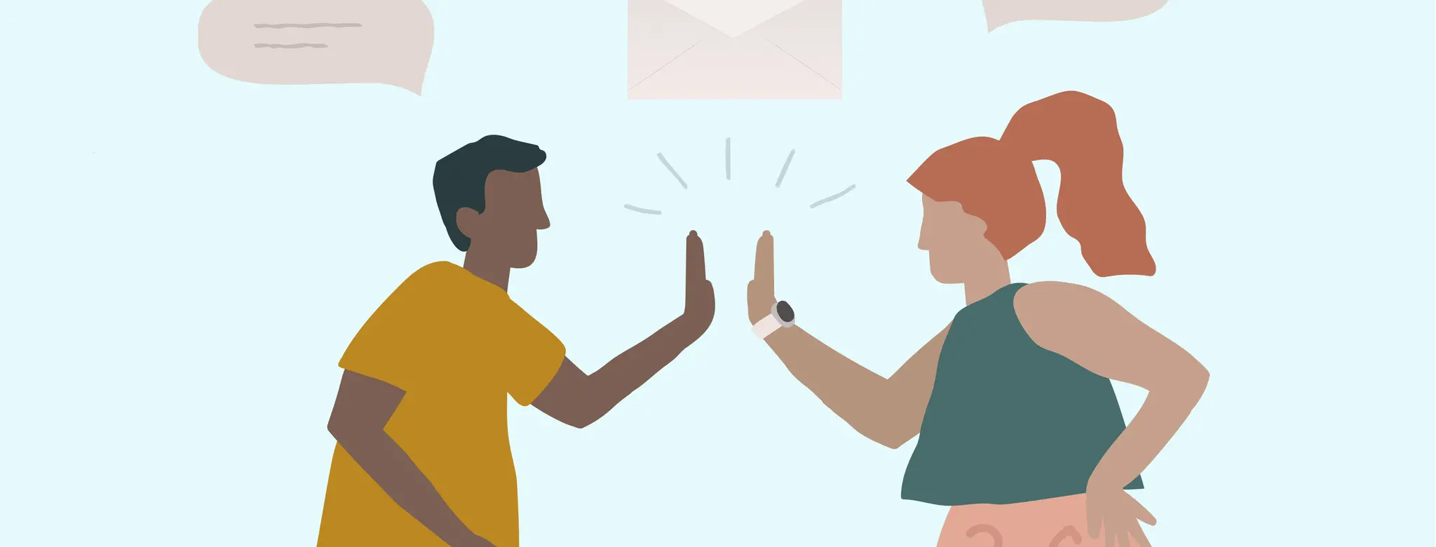 Drawing of two people giving a high five below email and text icons