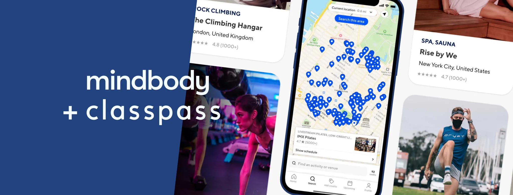 Mindbody + ClassPass with mobile device and class listings