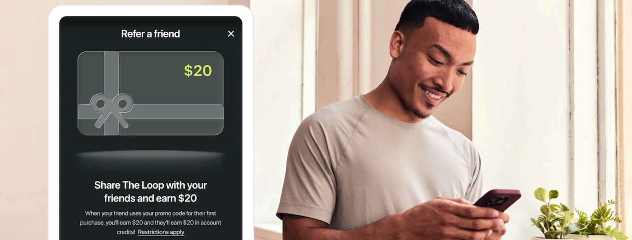 An image of a man on his phone and a graphic of the refer a friend feature