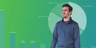 Man in front of green background with integrative health graphs