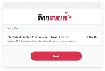 Branded fitness business website cart with added monthly membership plan