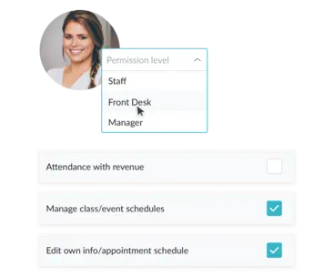 Staff profile with role dropdown and checkboxes for permissions