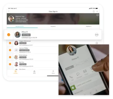 Client class check in screen with profiles and a mobile display of an individual client profile