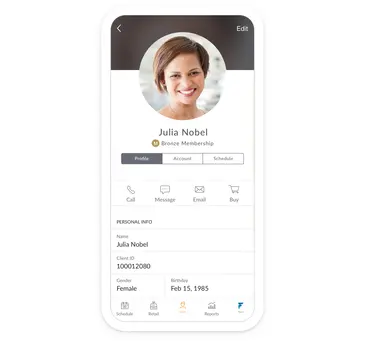 Mobile device with client profile displaying personal and membership information