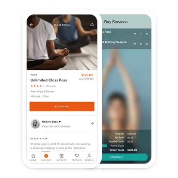 One phone displaying a booking on the MINDBODY app and another showing the payment screen on a custom branded app