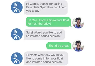 Bowtie AI conversation about booking float spa services