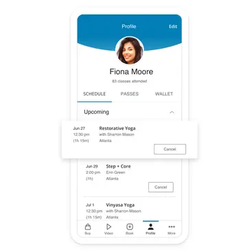 App displaying client profile with class enrollment information