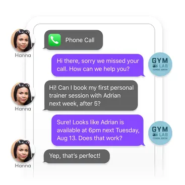 Text message booking conversation between gym client and AI receptionist