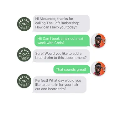 Text conversation between barbershop client and AI receptionist