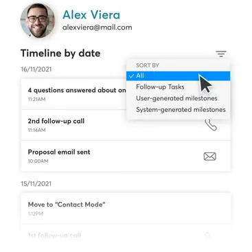 Lead timeline with dated outreach info and filtering options