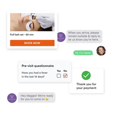 Lash salon screens for online booking, digital forms, payment, check in, and 2-way SMS