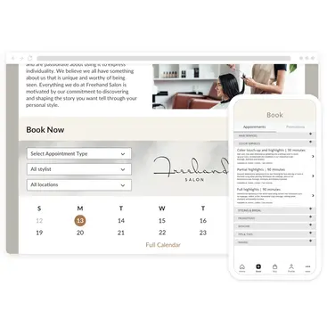 Salon online booking screen on desktop and mobile