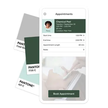 Branded medical spa mobile app with color swatches