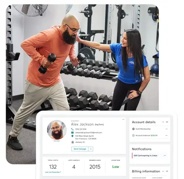 Client working out with trainer and screen of client profile