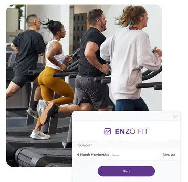 People running on treadmills and a membership autopay screenshot