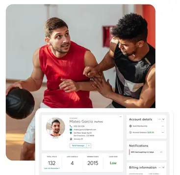 two people playing basketball and a screen of client profile