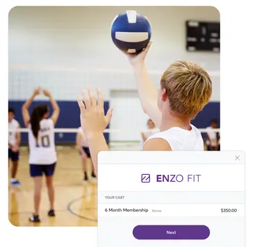 Person practicing volleyball and a screenshot of an autopay membership