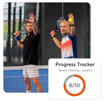 Client working with tennis instructor and progress tracker screenshot in corner