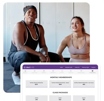 Client and trainer talking and screenshot of group training membership options