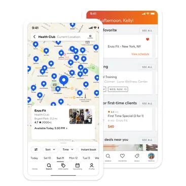 Screens of the Mindbody consumer app and Classpass on mobile