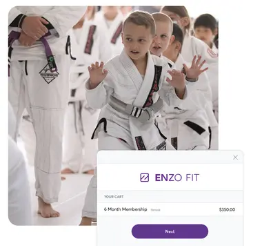 Youth students in martial arts class and product screen of cart with autopay membership added