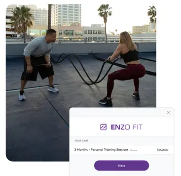 Client working out with personal trainer and screenshot of payments window