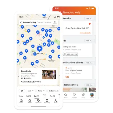 Screenshots from the Mindbody and Classpass apps, demonstrating how Mindbody cycle studio software provides access to the largest network of wellness consumers.