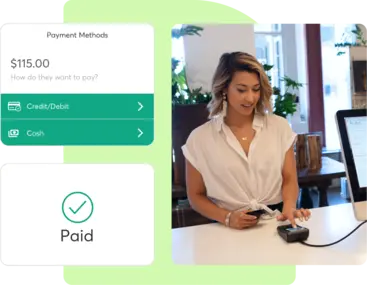 A collage showing the payments capabilities of Mindbody beauty software.
