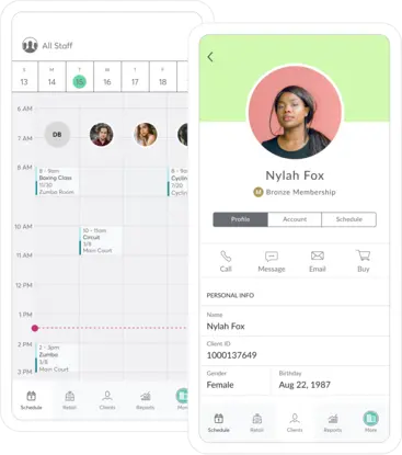Screenshots showing the CRM features of the Mindbody business app.