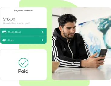 A collage showing payments features in Mindbody software
